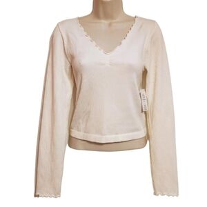 Hippie Rose Ribbed Knit V Neck Long Sleeve Top Cream Large